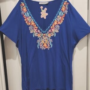 Solitaire Royal Blue V Neck Floral Embroidered Tee 3x